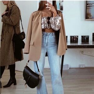 X Revolve L’Academie Crop Top Jules Brown Plaid Off the Shoulder